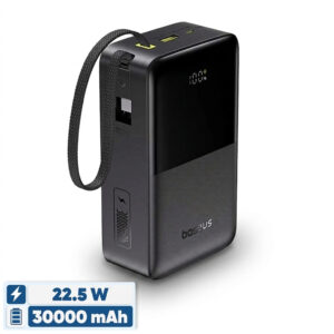 پاوربانک بیسوس EnerFill FC51 Bipow 2 Pro ظرفیت 30000 میلی آمپر ساعت با توان 22.5 وات و کابل داخلی USB-C