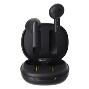 هدفون بلوتوثی QCY AilyBuds E20 با طراحی مشکی مدرن و کیسه شارژ