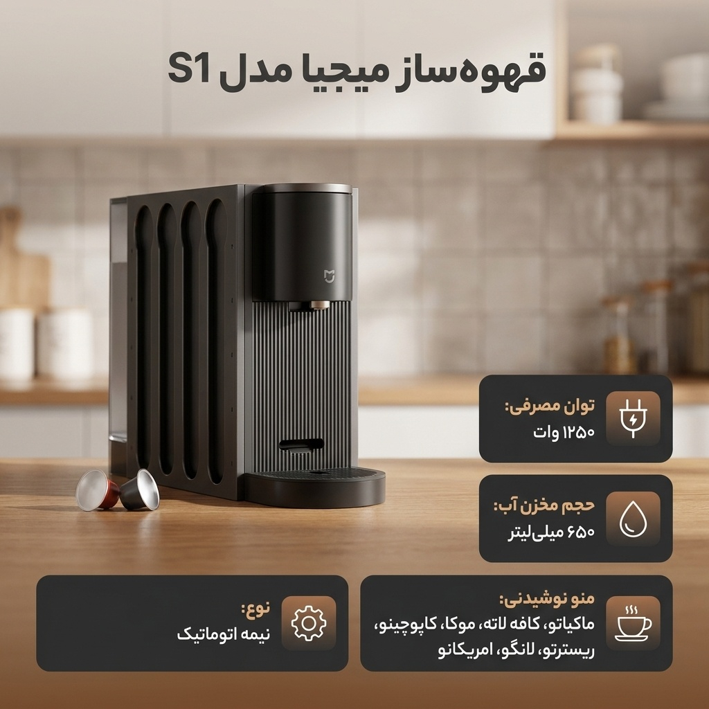 قهوهساز کپسولی 650 میلیلیتری میجیا مدل S1 با فشار 20 بار، قابلیت تهیه اسپرسو و آمریکانو، خاموشی خودکار و سازگار با کپسولهای استاندارد