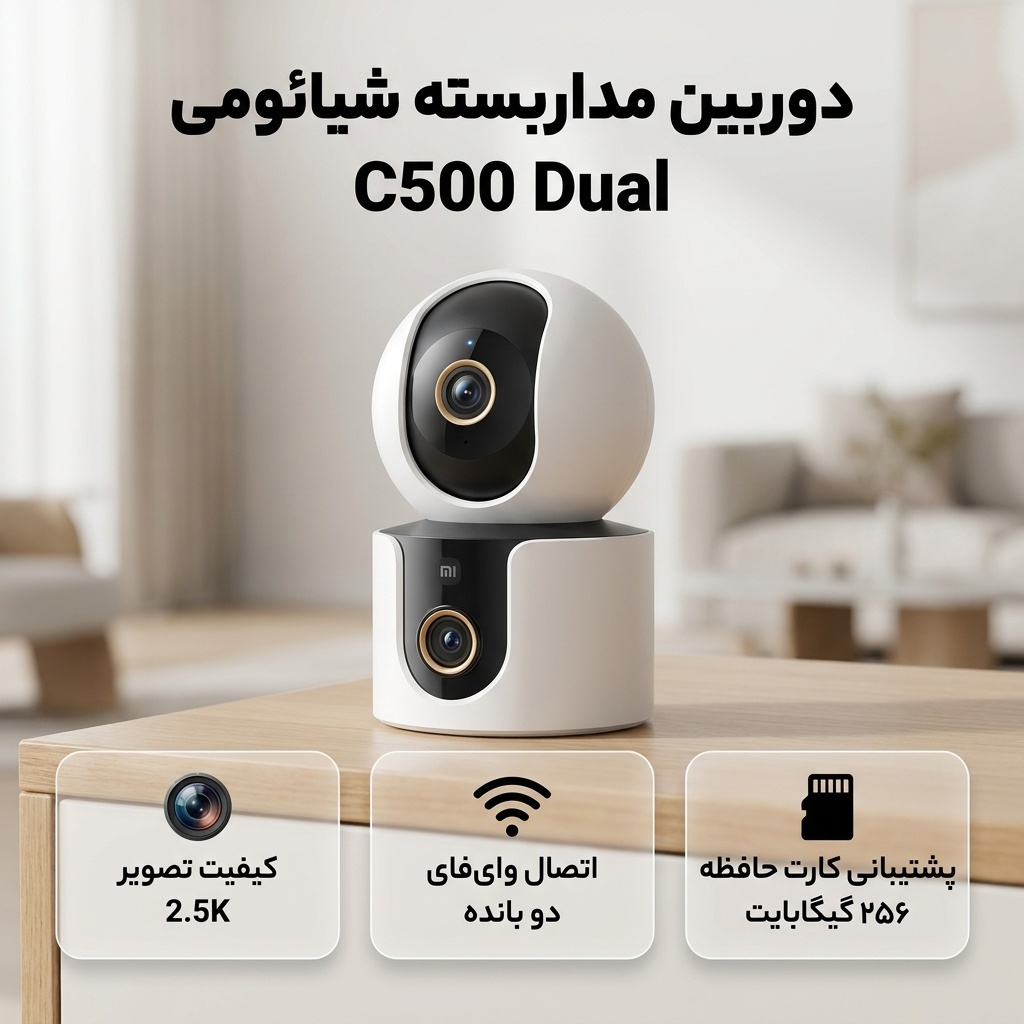 دوربین مداربسته تحت شبکه شیائومی مدل C500 Dual با اتصال بیسیم Wi-Fi، رزولوشن 2.5K و پشتیبانی از کارت حافظه MicroSD تا 256 گیگابایت